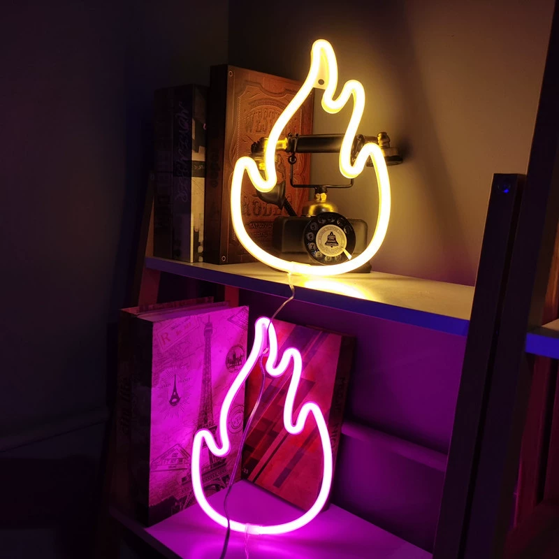 Неоновая лампа-пламя LED, цветная форма огня, питание батарея и USB, 18×28 см