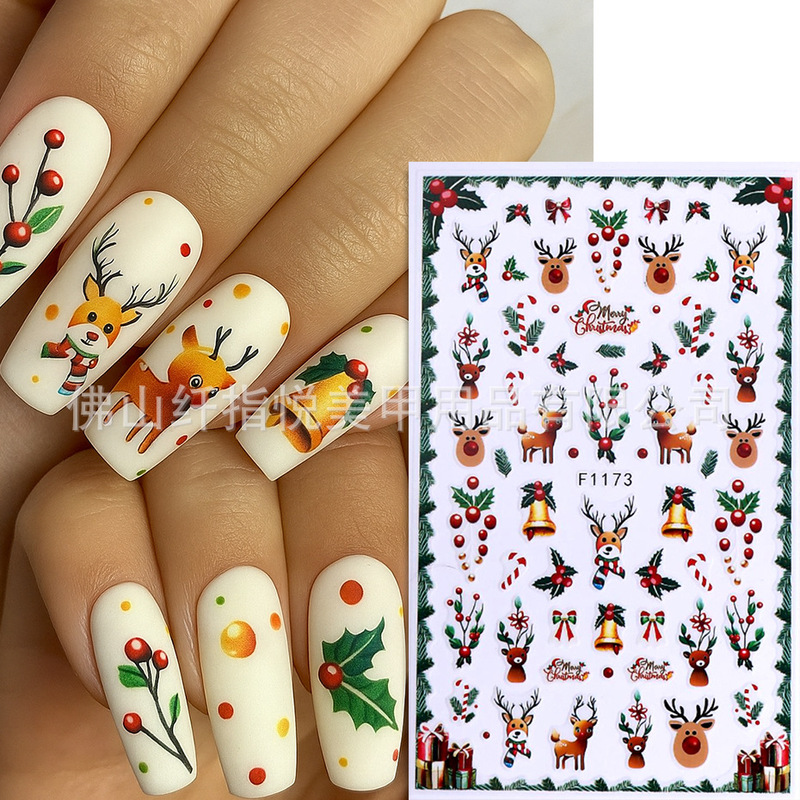 Christmas Nail Art Stickers Wholesale Christmas Gnome Old Man Penguin Reindeer Bell Snowman Holly Branch Nail Stickers