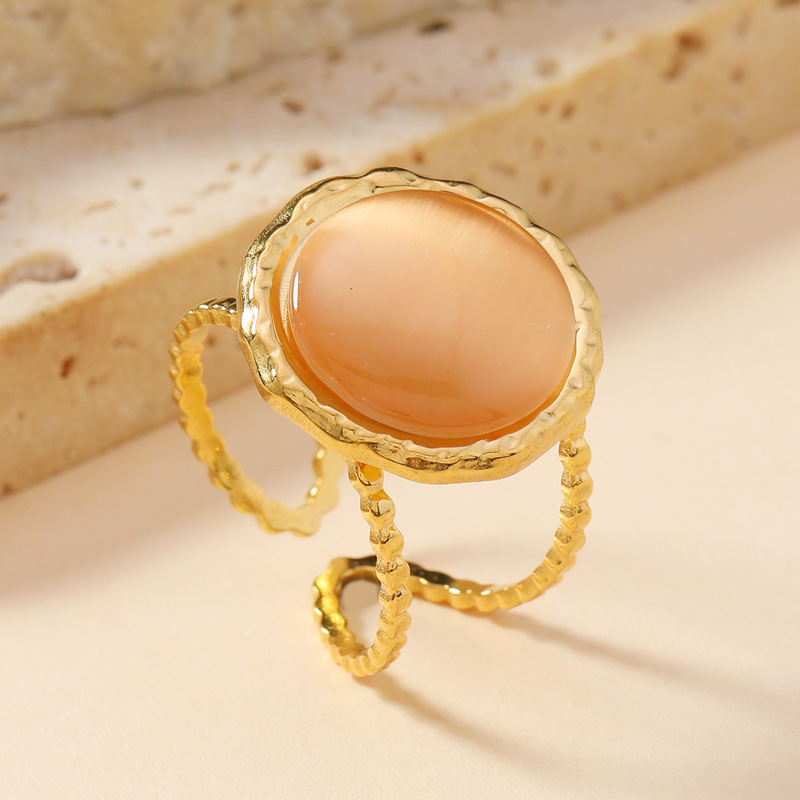 Ventas transfronterizas calientes anillo de piedra de ojo de gato temperamento retro mujer geometría redonda abierta anillo de acero de titanio joyería de acero inoxidable image 6