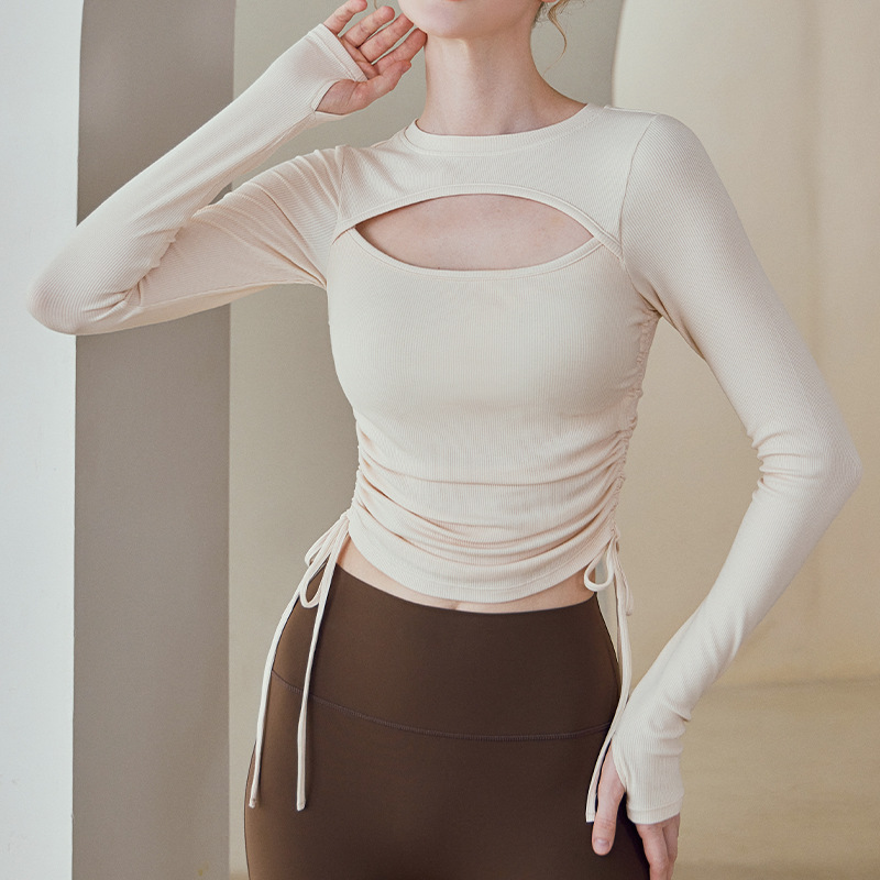 Luluxaime Yoga Wear for Women 2026 Spring New Style Chest Pad Hollow Drawstring Tight-Fitting Long-Sleeved T-Shirt Top