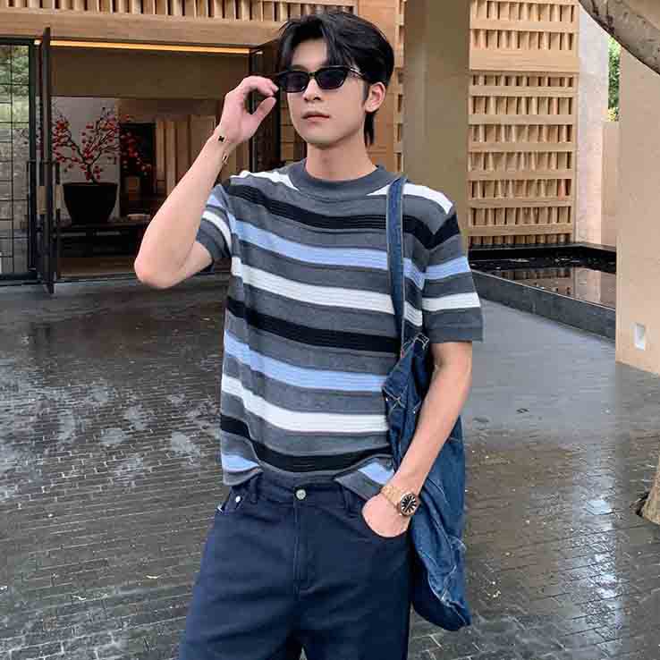 Camiseta de punto de manga corta camiseta de hueso de pescado hombre textural hueco viejo viento de negocios hielo verano fábrica transfronteriza al por mayor