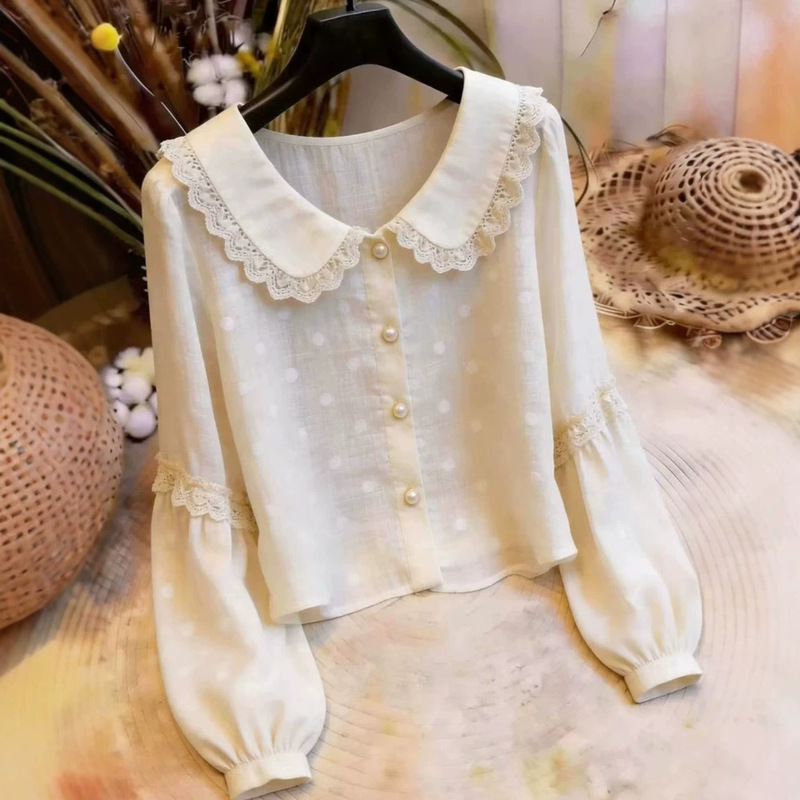 【In stock in large quantities】2026 Autumn French Retro Korean Style Sweet Lace Collar Versatile Long Sleeve Shirt for Women 【In stock in large quantities】2026 Autumn French Retro Korean Style Sweet Lace Collar Versatile Long Sleeve Shirt for Women