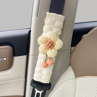 Cross-Border Popular Car Seat Belt Shoulder Pads, Cute Flower Puff Style, Soft and Comfortable, Universal Car Interior Accessories (Sürətlər qutusu və əl tormozu başlıqları) - white-style-creamy-yellow-flowers-puff-shoulder-pads1