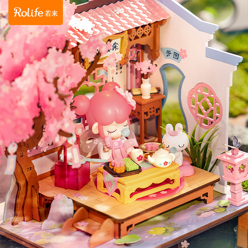 Rolife Rulai nanci Sakura Spring Banquet bricolaje cabaña en miniatura de madera 3d modelo de casa de rompecabezas bloques de construcción de juguete