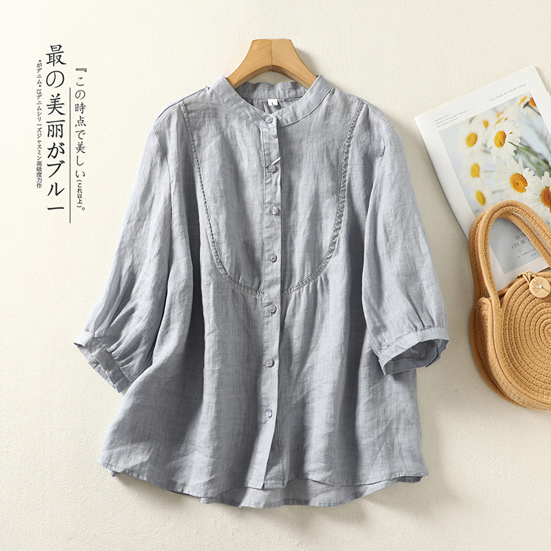 2025年綿麻シャツ、おしゃれな刺繍入り、夏のゆったりとした万能シングルボタン、スタイリッシュな無地トップスの実物写真|undefined