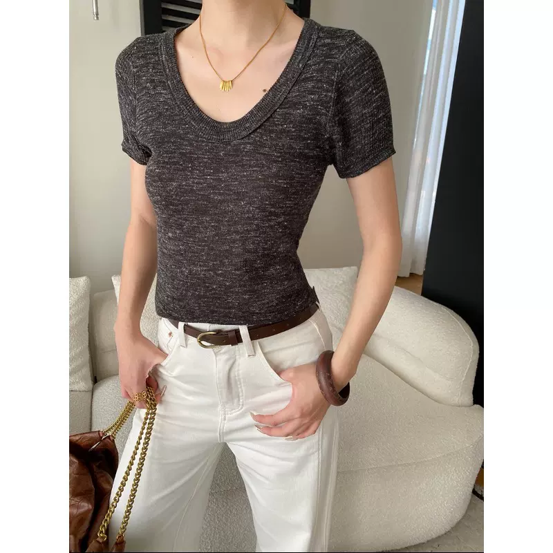 司南 呼吸韵律 透气亚麻混纺U领正肩修身显瘦短袖针织衫 SN8790