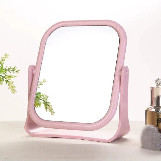 Desktop Makeup Mirror, European-style Wheat Straw Frame, Double-sided Rotatable, Round & Square
