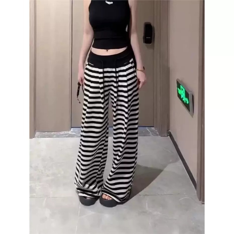 2026 Summer New Black and White Striped Women's Slimming Loose Pants Casual Lazy Style Wide-Leg Floor-Length Pants 2026 Summer New Black and White Striped Women's Slimming Loose Pants Casual Lazy Style Wide-Leg Floor-Length Pants