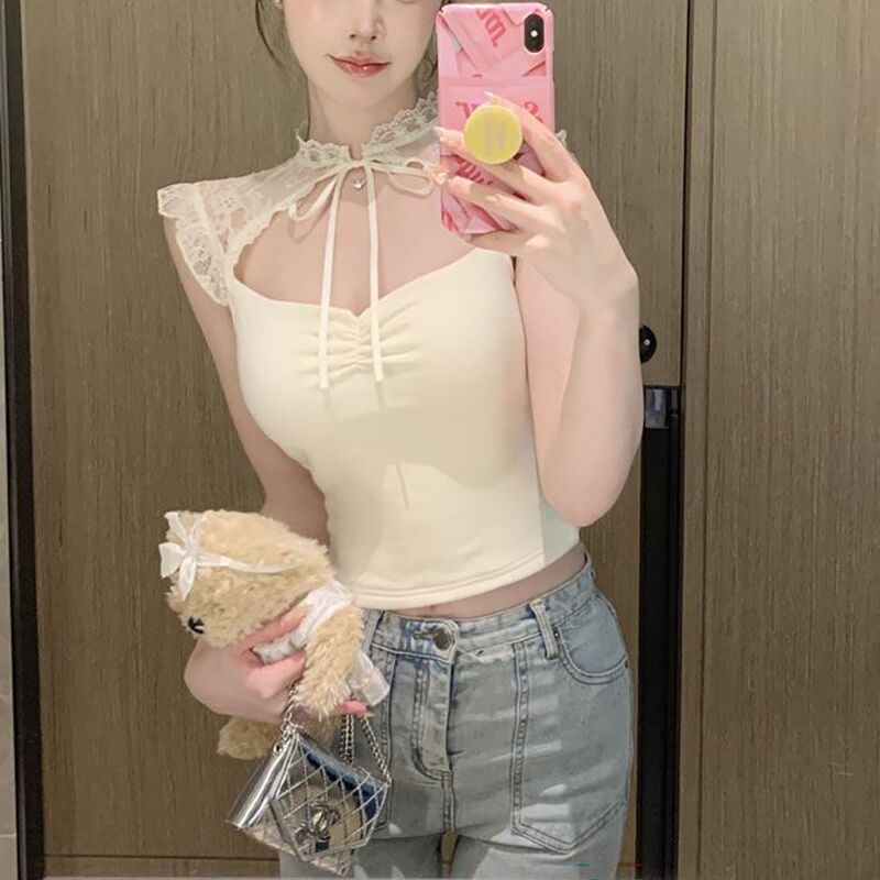 Cross-Border Wholesale Korean-Style Lace Camisole with Small Flutter Sleeves for Women, Pure and Sexy Tube Top, Thai-Style Niche Cross-Border Wholesale Korean-Style Lace Camisole with Small Flutter Sleeves for Women, Pure and Sexy Tube Top, Thai-Style Niche