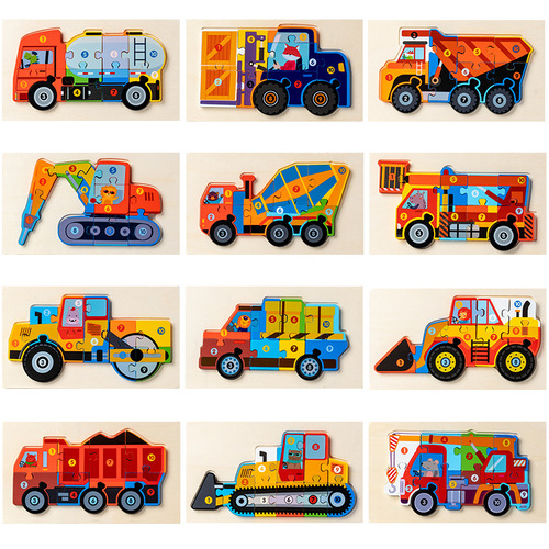 3D Wooden Engineering Car Puzzle for Toddler Early Education, with Knob and Hand-Holding Plate, Traffic Awareness Toy