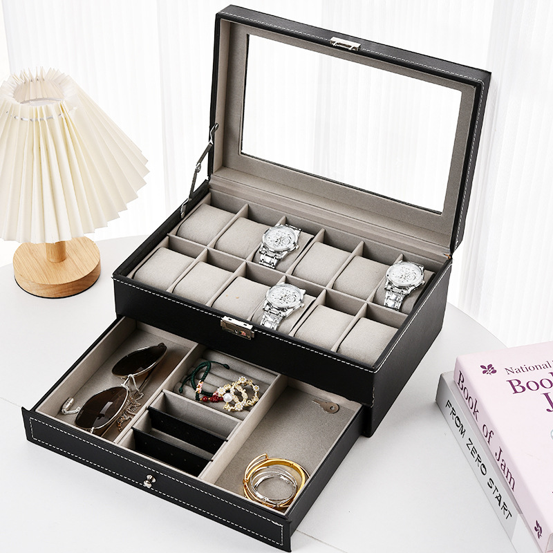 Caja Organizadora de Relojes de Cuero PU, a Prueba de Polvo con Ventana Transparente, para Relojes y Joyas