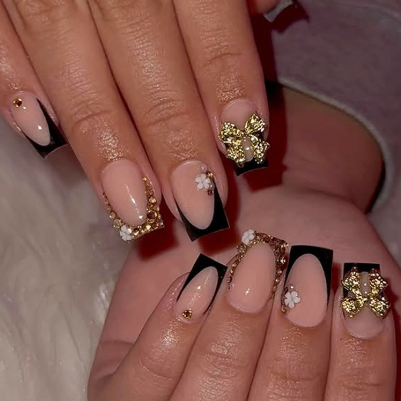 Cross-Border Hot New Black French Edge Diamond Flower Wearable Nails Wholesale Patch Manicure Fake Nails Finished Nail