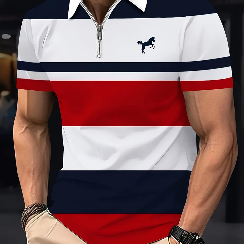 Men's Geometric Line Short-Sleeve Zip-Up Polo Shirt, Short-Sleeve Polo Shirt, Polo Shirt, Collared Shirt, Business Casual