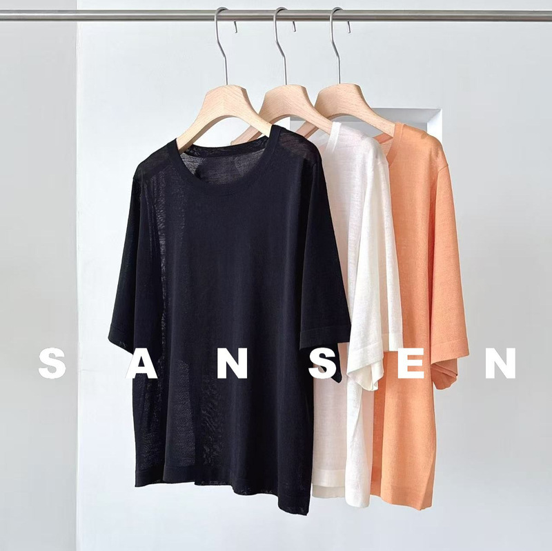 Summer B-Grade 18-Gauge 80-Count Ultra-Fine Acetate Wool Breathable Loose Short-Sleeve Knit T-Shirt for Women