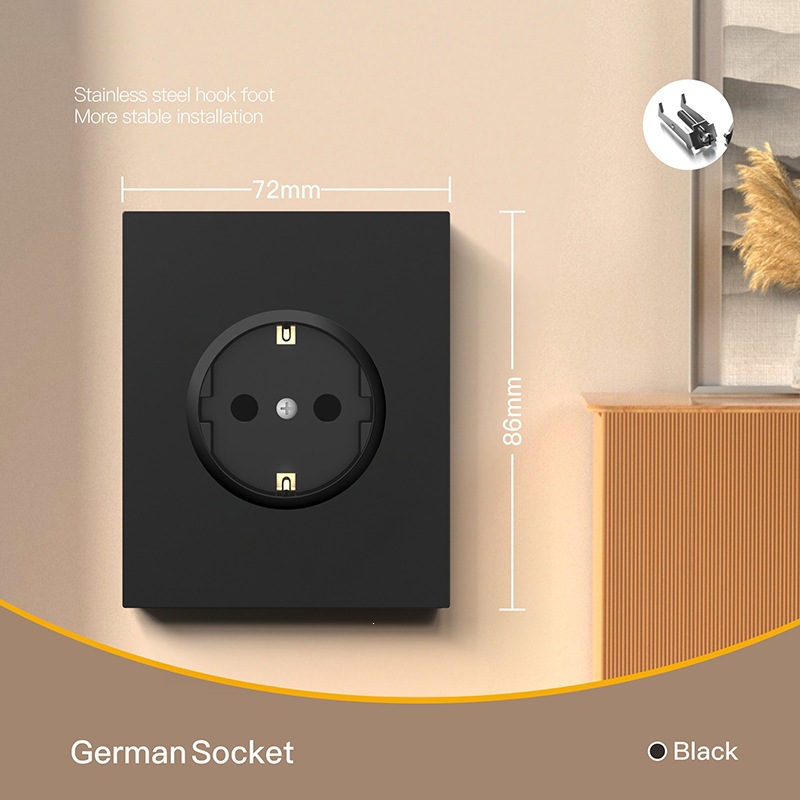 Interruptor de pared estándar europeo enchufe de pared negro alemán enchufe de agujero redondo CE interruptor Euro 16A 250V