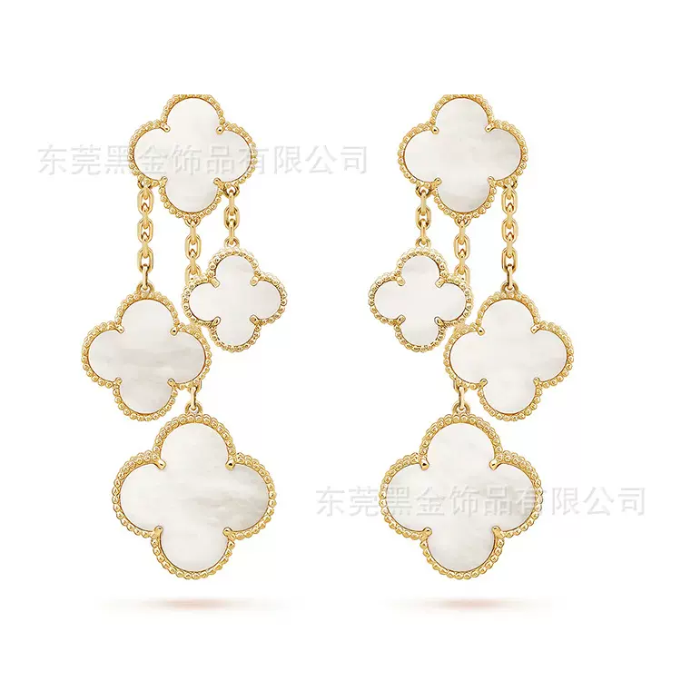 梵家高版本不锈钢耳环镀18K 厚真金Four Clover Leaf真贝流苏耳环