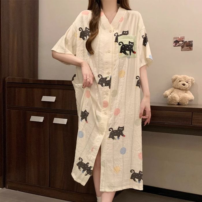 Camisón de manga corta al por mayor transfronterizo pijama de verano para mujer, falda larga, cárdigan, suelto, ropa de casa de dibujos animados, algodón de nube