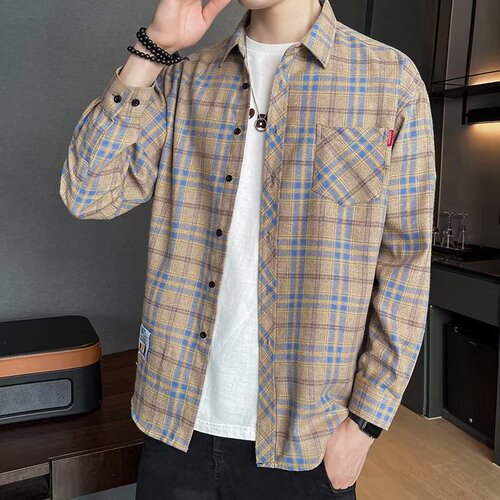 Plaid shirt men's spring and autumn fashionable casual long-sleeved Korean slim fitting men's youth fashion brand Hong Kong style shirt inch shirt