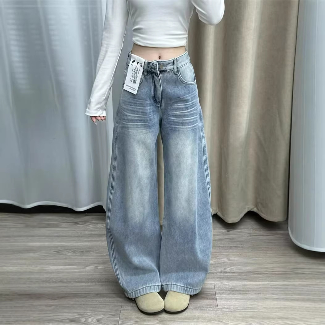 小个子复古口袋刺绣百搭牛仔裤女2026冬季高腰宽松显瘦弯刀阔腿裤主图