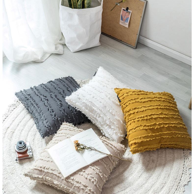 厂家直销棉麻混纺枕套家纺织物条纹流苏多色家纺面料