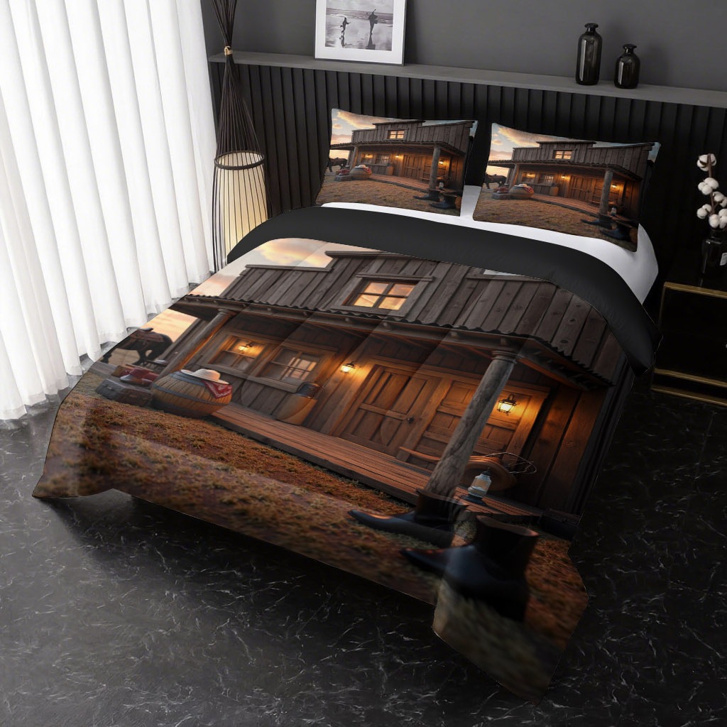 TEMU / JIT transfronterizo cálida casa de madera 3D impresión digital 180gms colcha colcha almohada conjunto de dibujo se puede ajustar