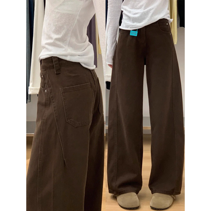 Brown Pants for Women, Scimitar Pants, Pear-Shaped Body, Straight-Leg Jeans, Spring and Autumn, Plus Size, Slimming Wide-Leg Pants for Plus-Size Women