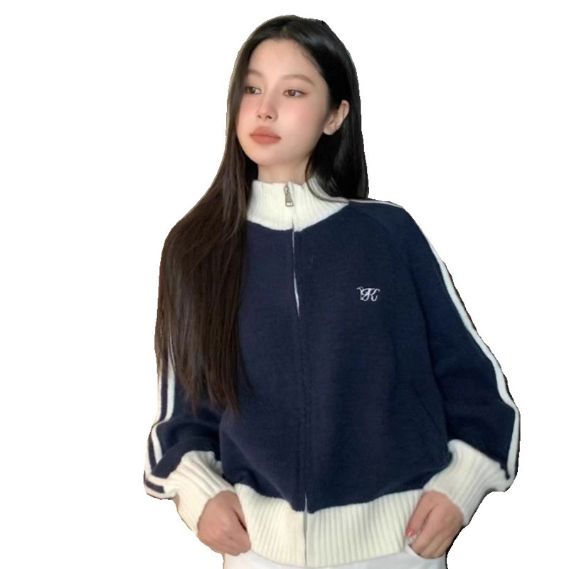 依帆泰秋冬新款美式撞色长袖立领毛衣外套女宽松棒球服开衫拉链|undefined