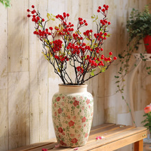 复古花瓶陶瓷高级感冰裂纹花器双耳红花做旧陶釉花瓶新年客厅摆件
