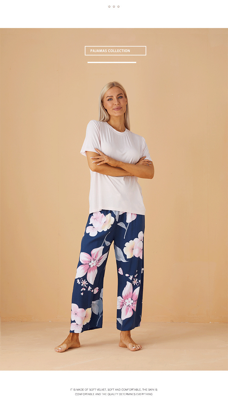 Color Block, Plant Pattern Summer, Spring Season Home Women's Casual Color Block Plant Modal Pants Sets Pajama Sets