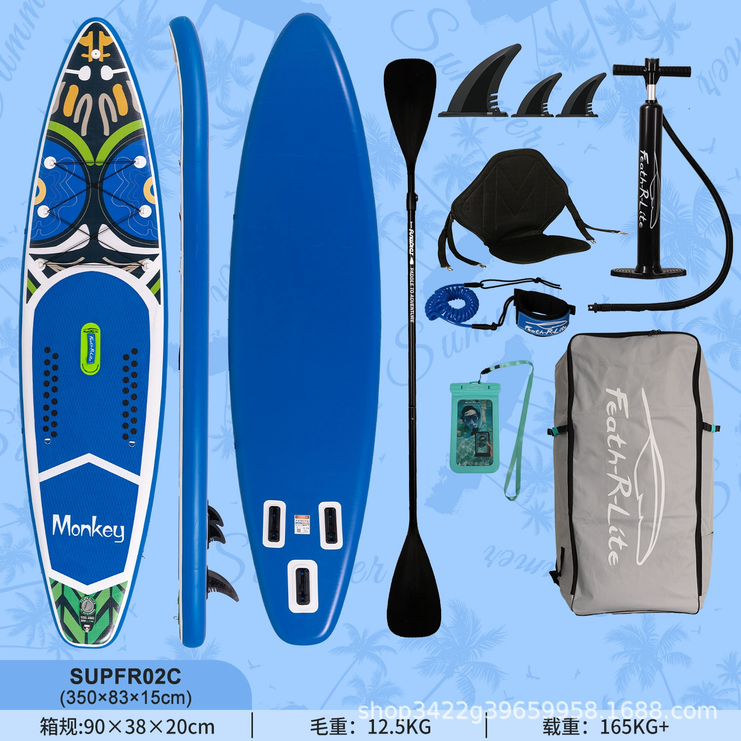Надувная SUP доска (Inflatable), размеры 240–350×76–84×10–15 см, drop‑stitch, противоскользящая дека