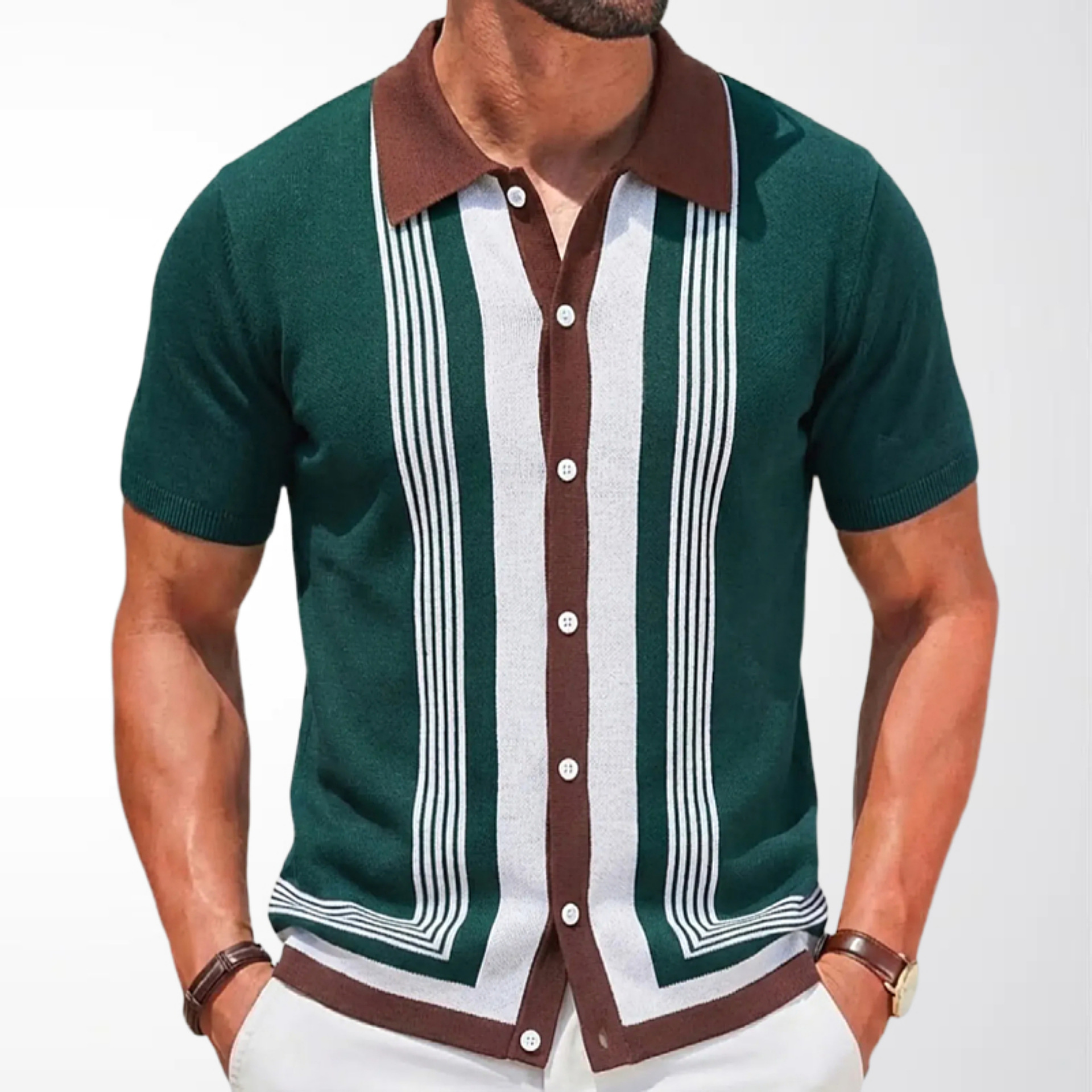 European and American Style Color-Block Striped Knit Cardigan Spring/Summer Short-Sleeve Jacquard Commuter Business Polo Shirt Cross-Border Men's Fashion Sy0143