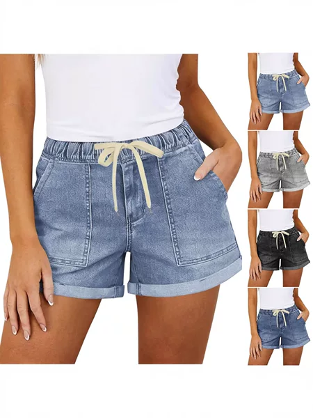 Cross-Border Women's European and American High-Waisted Jeans, New Summer Denim Shorts, Elastic Waist Drawstring Casual Rolled-Up Shorts