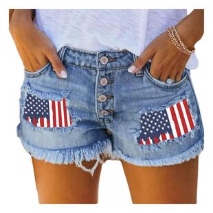 N 35183 Button Print Denim Shorts ӡ��ţ�ж�ѝ �羳�W��