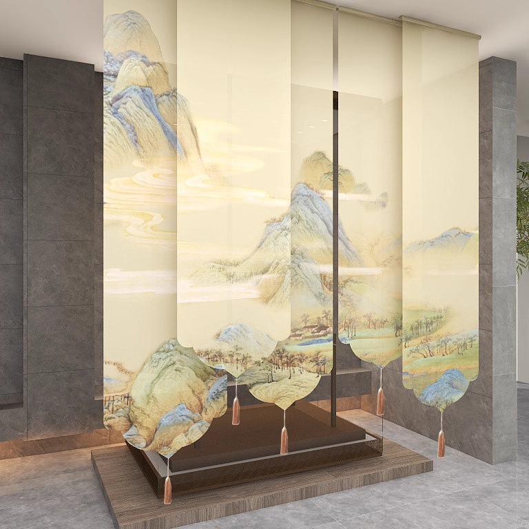 New Chinese Style Qianli Jiangshan Zen Roller Blinds Living Room Tea Room Entrance Screen Curtain Partition Hanging Decorative Curtain