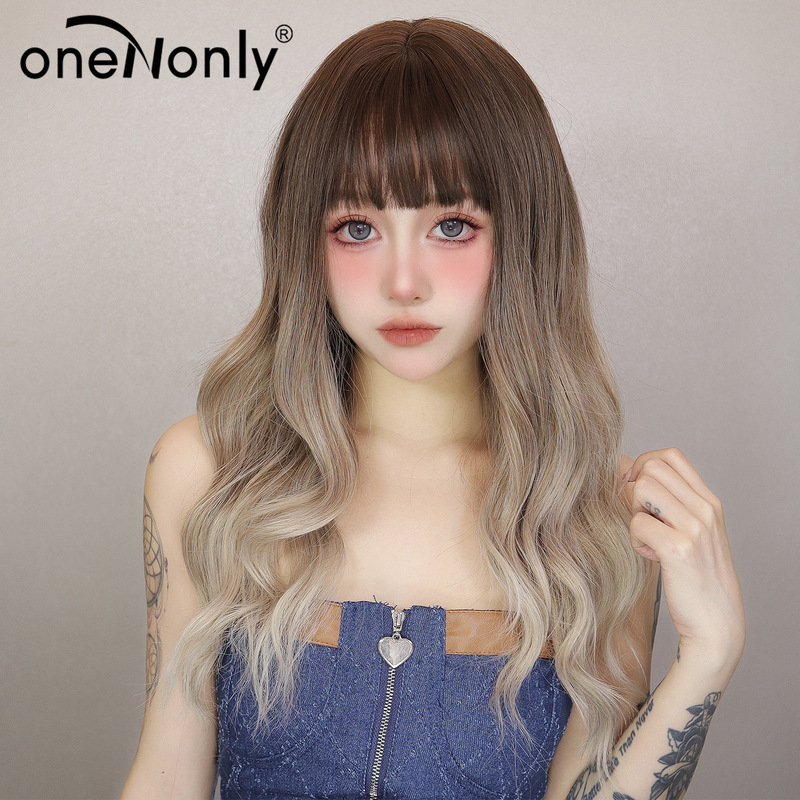 Cross-border European and American wig women's long curly hair dyed chocolate Air bangs lifelike natural wig dress up in stock