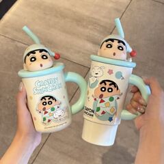 蜡笔小新桌面杯可爱卡通保温杯女生高颜值带吸管手柄办公室水杯子