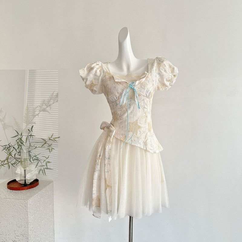 「Xinxing」Blovlan Sweet Summer フェイクツーピース スクエアネックデザイン メッシュスプライシング スイートリボン|undefined