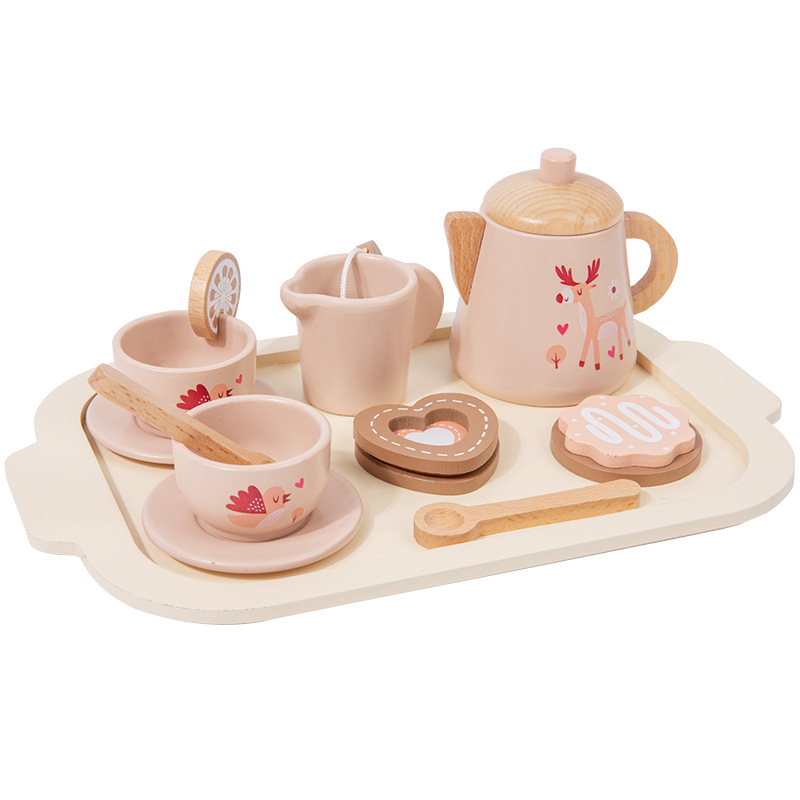Simulación de jugar a la casa té de la tarde postre pastel tetera taza juego de té juguetes de madera juguetes de desayuno para niños