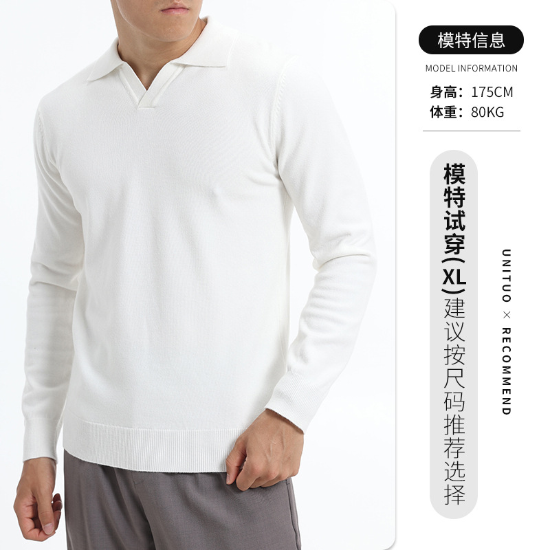 Lujo ligero viejo estilo gaviota cuello polo negro de manga larga hombre casual versátil delgado fondo camiseta lana