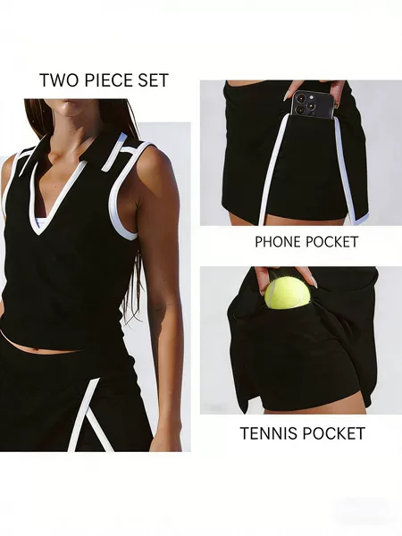 Black and white contrasting color tennis skirt set for women, sporty casual short skirt with phone pocket and tennis racket pocket, fashionable two-piece set