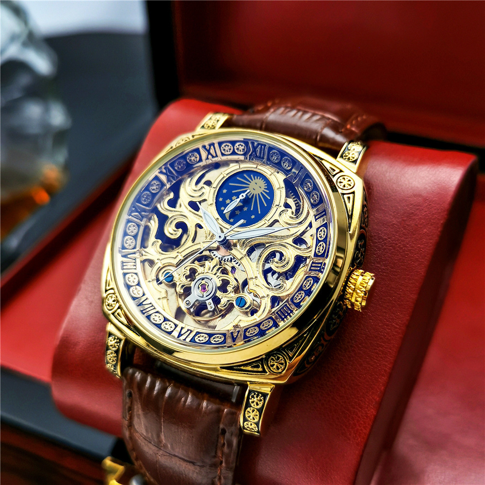 Ogulas reloj mecánico automático cuadrado hueco transparente luminoso luna fase cuero casual hombres azul luz reloj