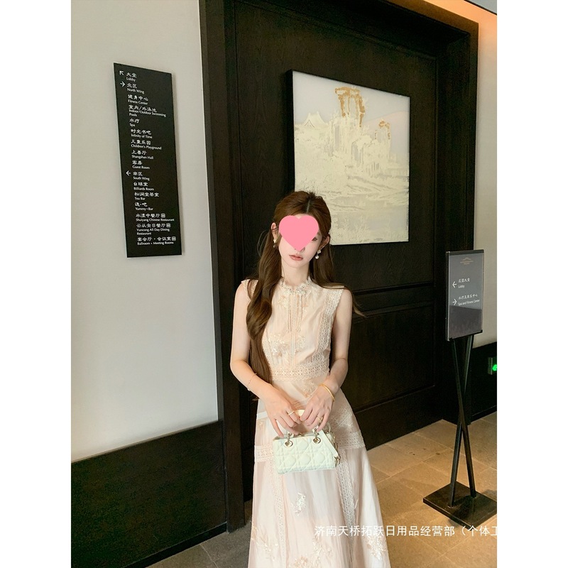 跨境NMIOK【青山粉黛】天丝绣花无袖连衣裙夏季新重蕾丝拼长裙尺|undefined