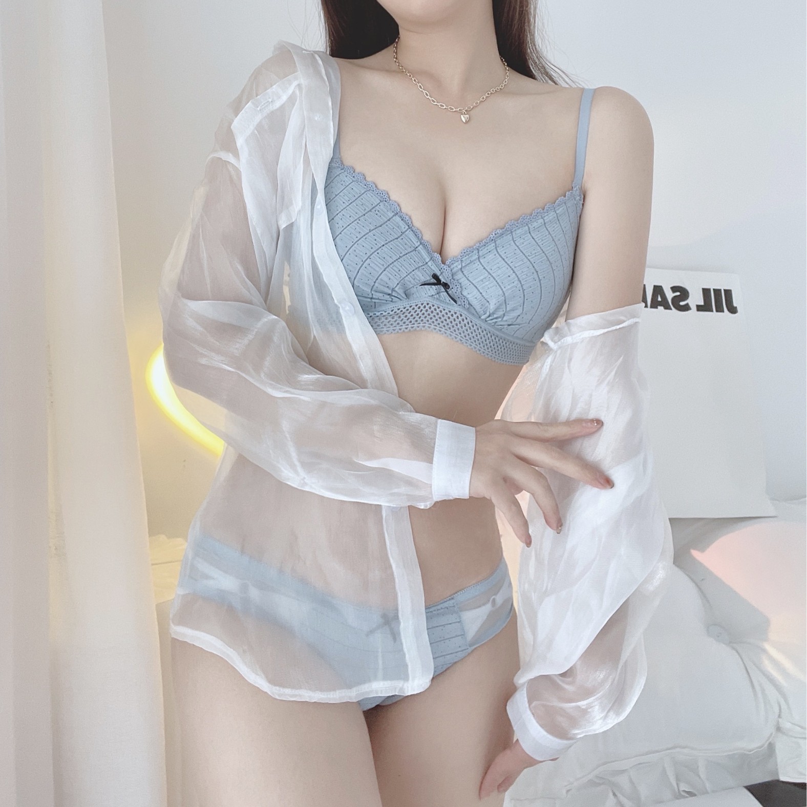 Encaje, lunares, lazo, lencería delgada, niña, sin aros, sin costuras, sujetador de pecho recogido, estudiante de secundaria