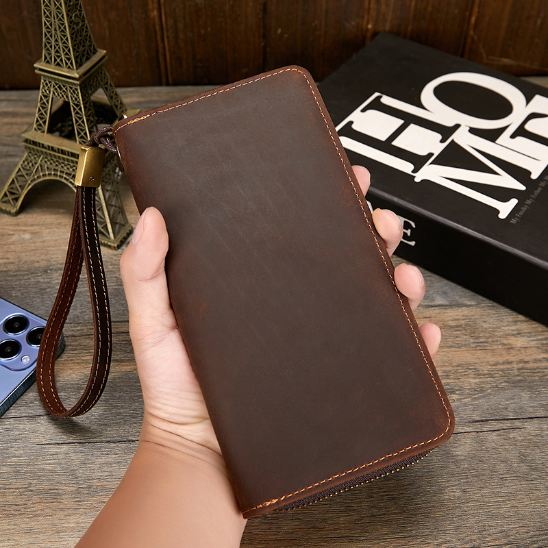 Crazy horse leather men's wallet genuine leather trendy retro long wallet RFID anti-magnetic men's clutch bag genuine leather wallet