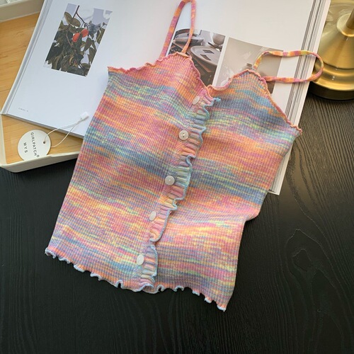 2024 Women's Small Strappy Tank Top Summer Outerwear Sweet and Spicy Knitted Colorful Striped Hot Girl Outfit Sweet and Cool Top