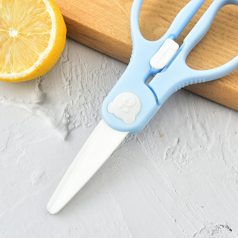 Complemento alimenticio para bebé juego de cerámica de tres piezas, caja de plástico, tijeras de cerámica, cuchillo de fruta de cerámica, fácil de almacenar