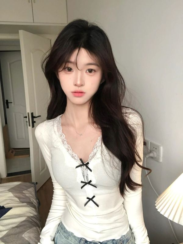 辣妹蕾丝蝴蝶结长袖t恤女秋季修身短款内搭甜辣风打底衫上衣潮流|undefined