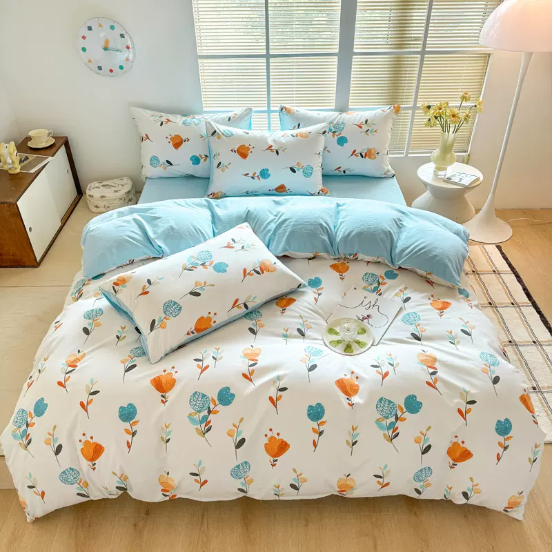 水洗棉床上四件套小清新床单被套南通家纺批发学生宿舍三件套用品