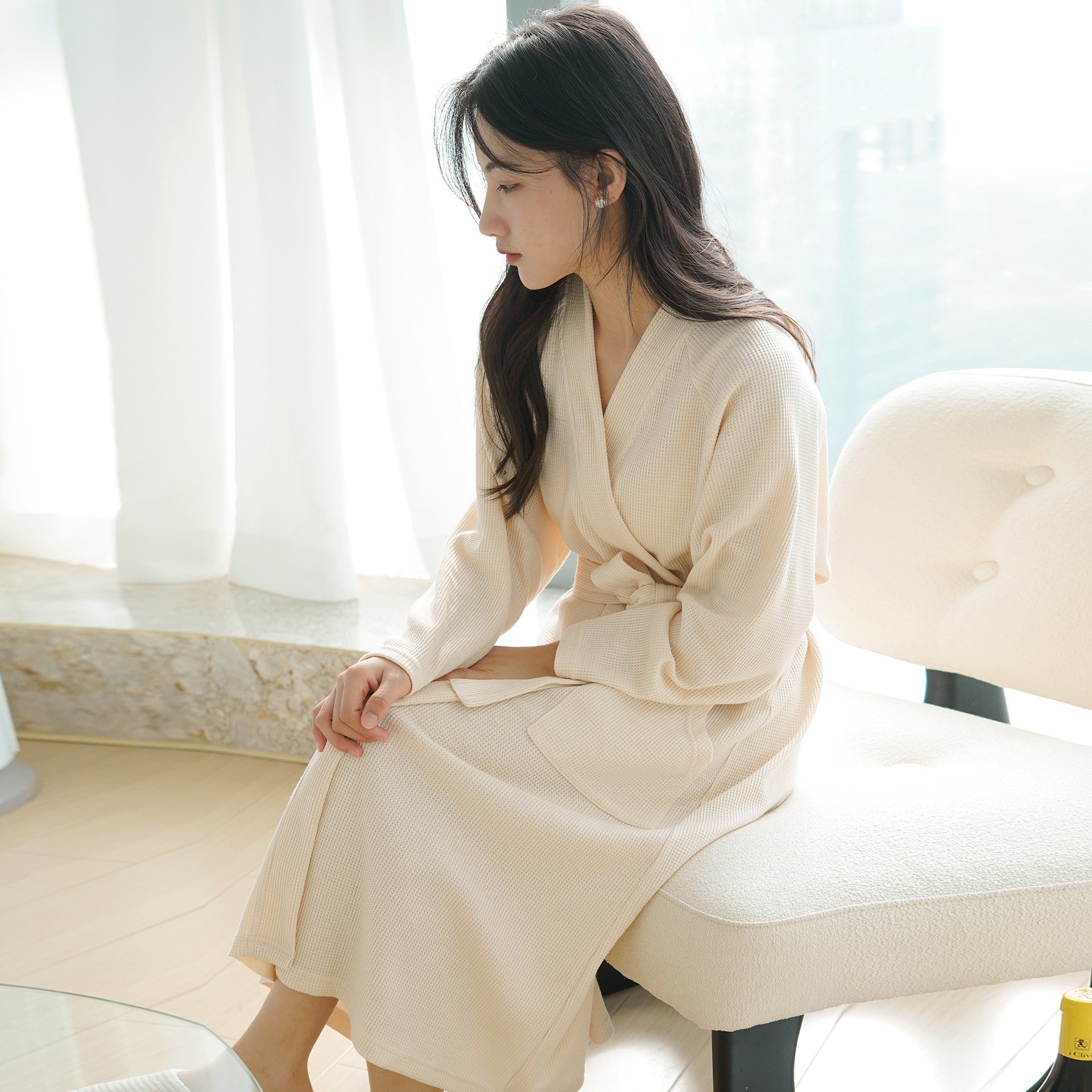 【Clearance Bargain】Women's Spring and Autumn Nightgown, Sleepwear, Robe with Tie Design, Waffle Pattern Bathrobe, Hotel and Home Wear
