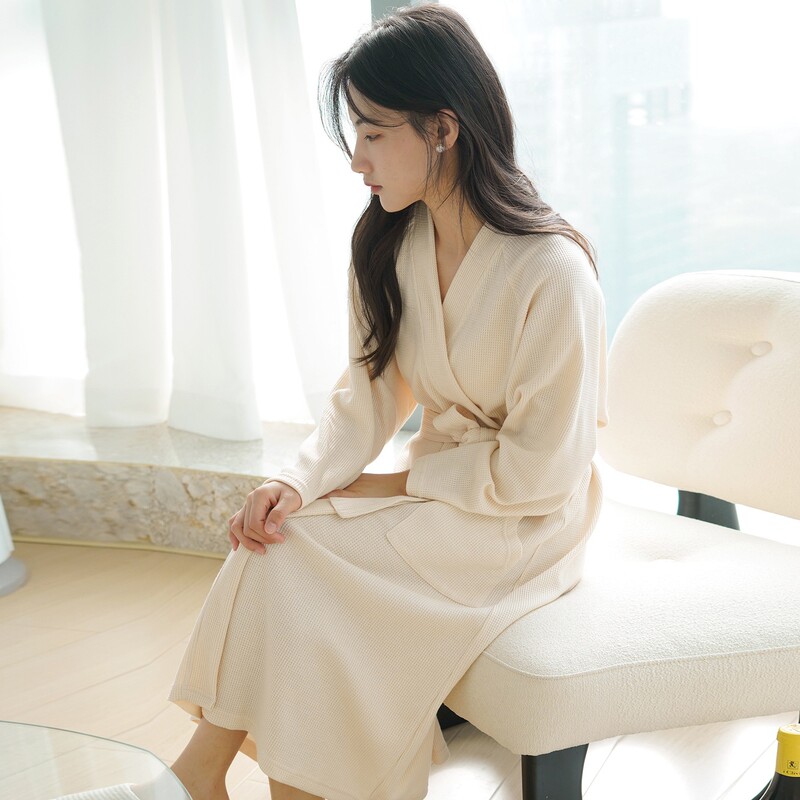 【Clearance Bargain】Women's Spring and Autumn Nightgown, Sleepwear, Robe with Tie Design, Waffle Pattern Bathrobe, Hotel and Home Wear